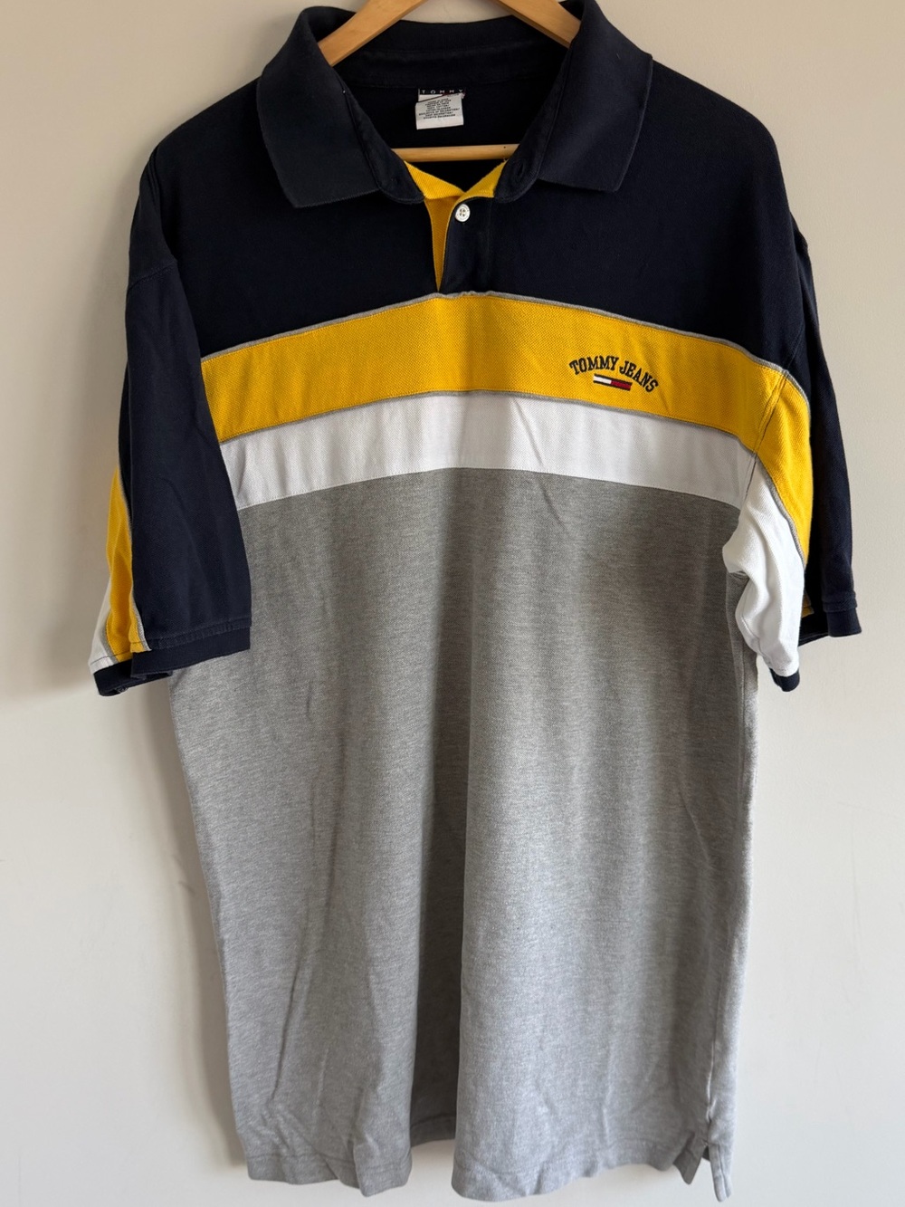 Vintage Tommy Jeans Colorblock Polo Shirt XL Navy Yellow Gray Y2K